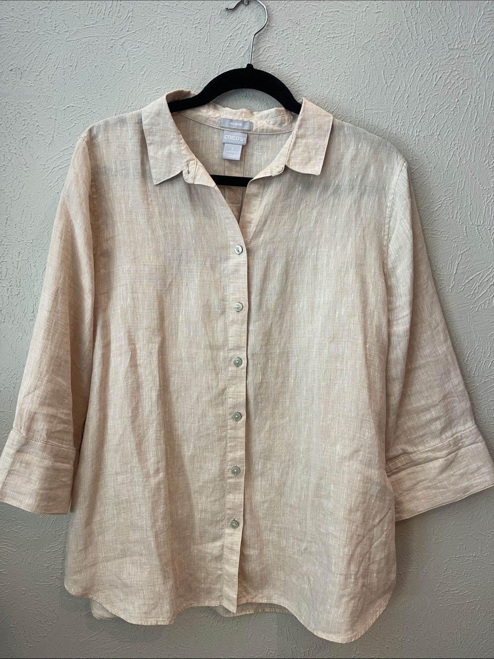 Chico's Size Two Beige Linen Button-Down Shirt.